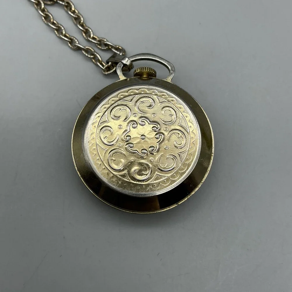 Vintage Benetton Pocket Watch Men 34mm Silver Tone Black Dial Manual Wind Chain